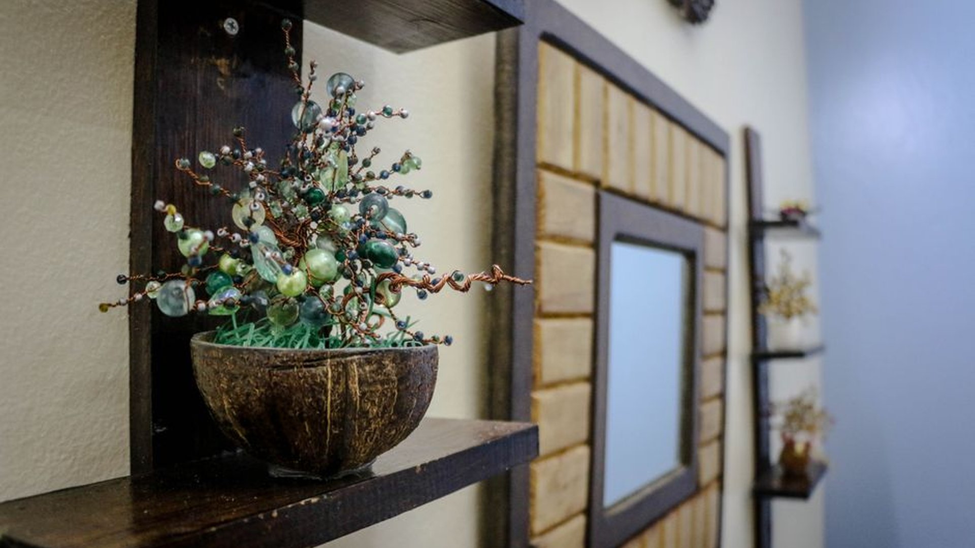 wooden sculpture shelf dried eucalyptus bowl frame