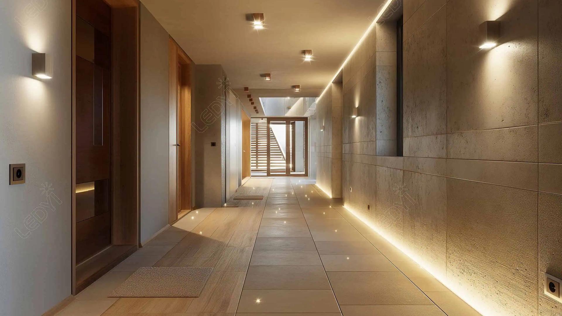 recessed ceiling lights hallway narrow space wall