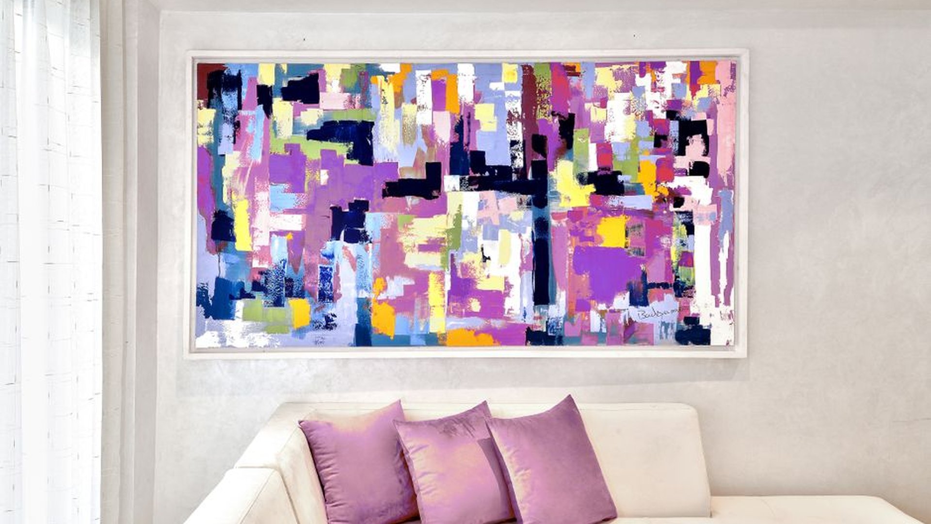 oversized abstract art piece wall focus living roo