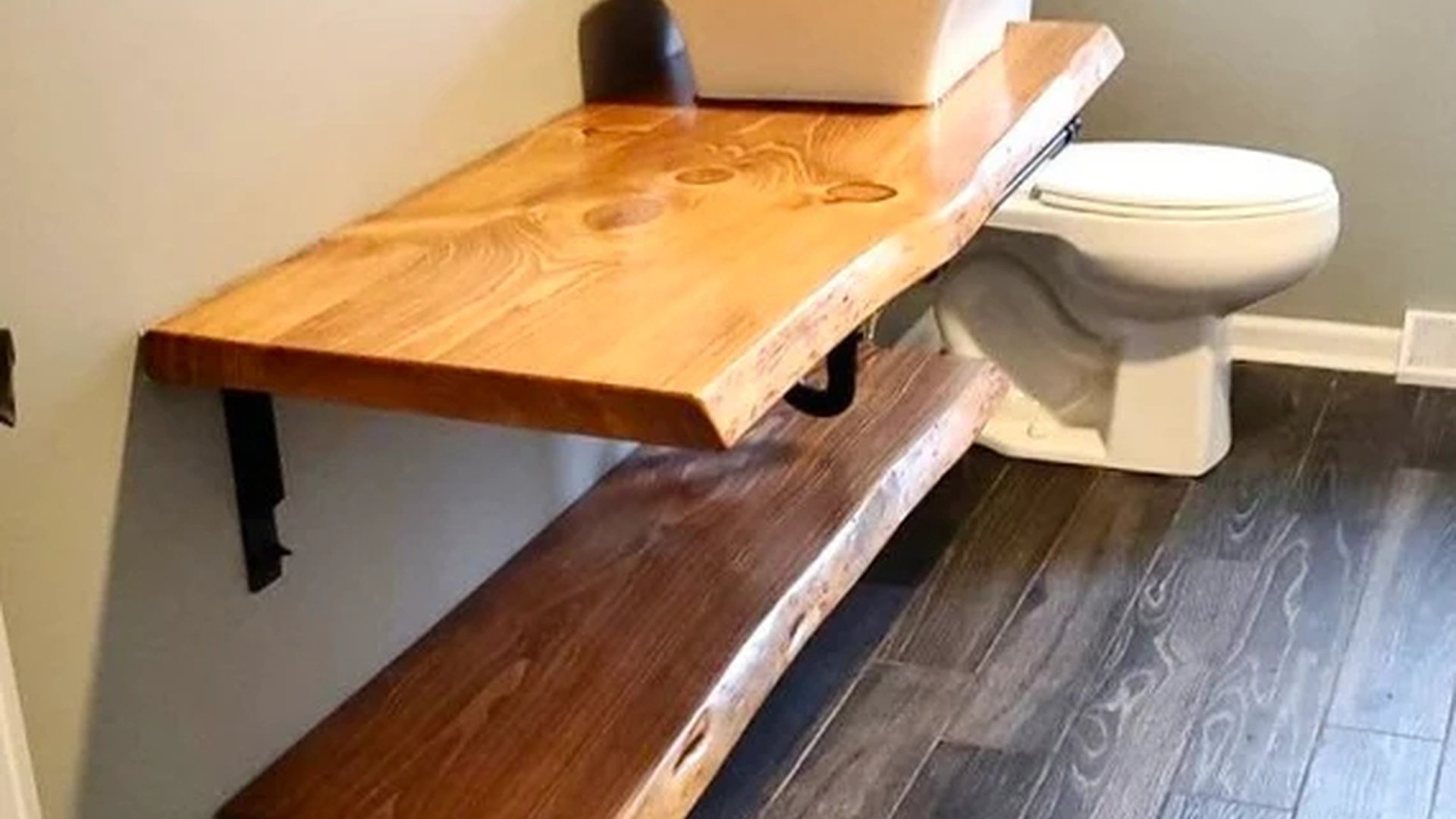 floating wall shelves walnut tone sink area open s
