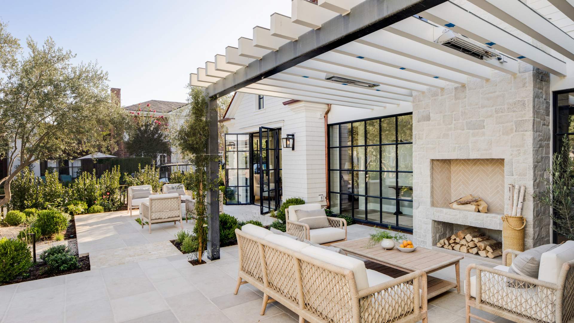 concrete patio dining zone lounge area natural mat