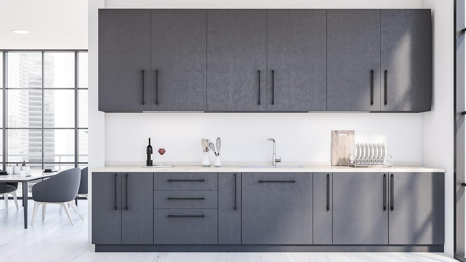 kitchen prep counter three items matte black white
